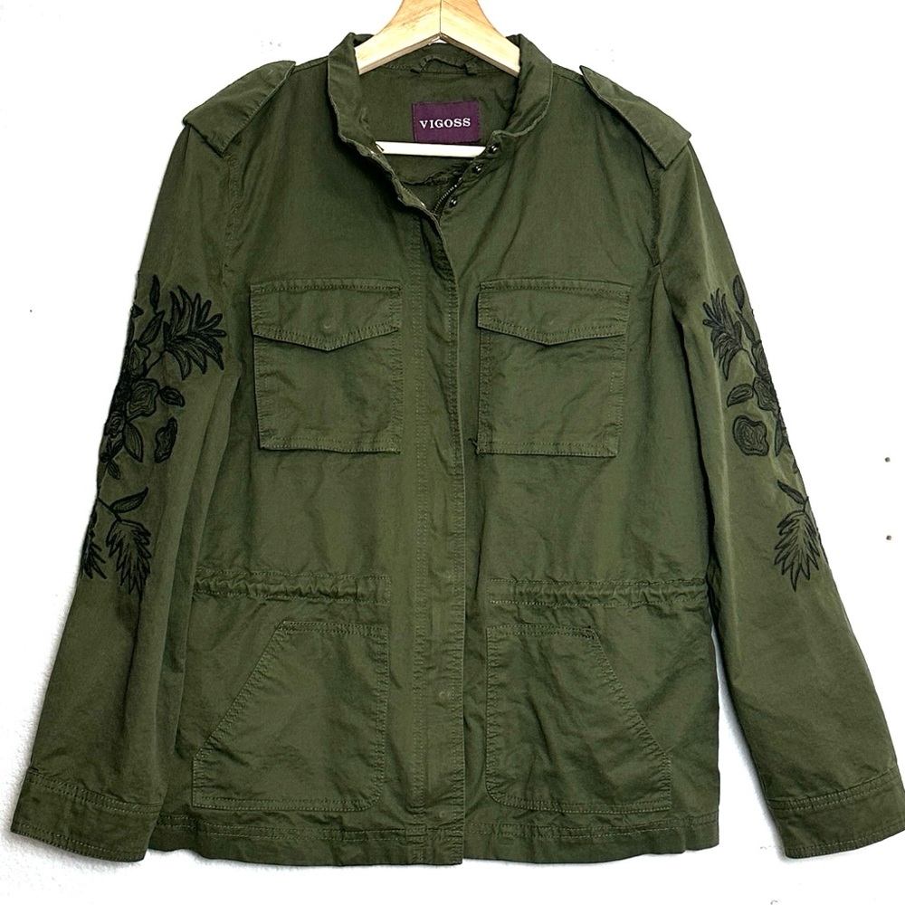 Vigoss Olive Green Embroidered Floral Sleeves Utility Jacket Womens Large - Picture 2 of 12
